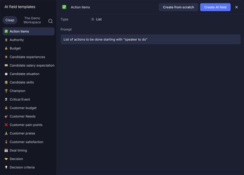 Claap screenshot: AI field template editor