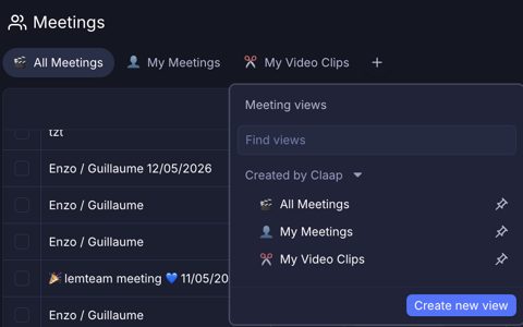 Claap screenshot: Meetings list with saved views
