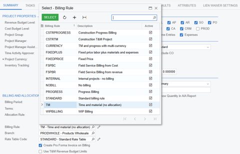 Acumatica screenshot: Project summary with billing rule selector