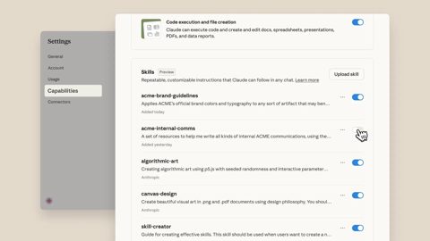 Claude screenshot: Skills in capability settings