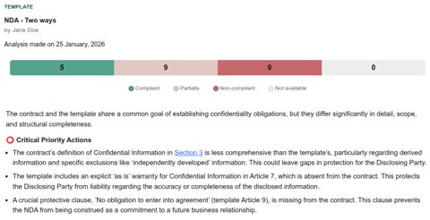 ClauseGuide screenshot: NDA analysis against a template
