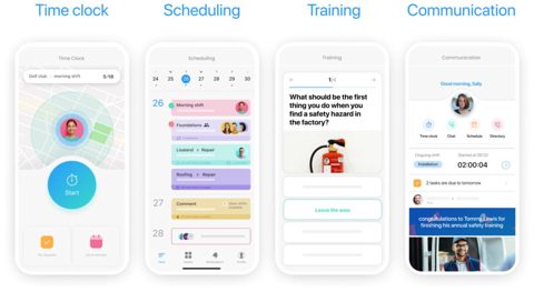 Connecteam screenshot: Time clock, scheduling, training, chat screens