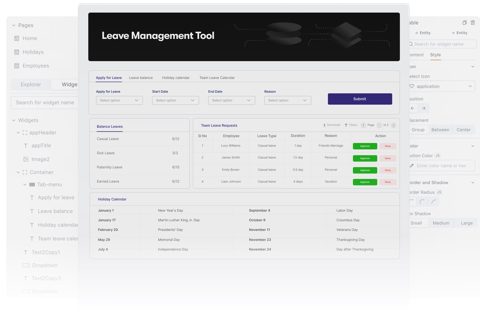Appsmith screenshot: Leave management tool with request form