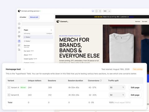 ConvertSite screenshot: Builder with A/B test results table