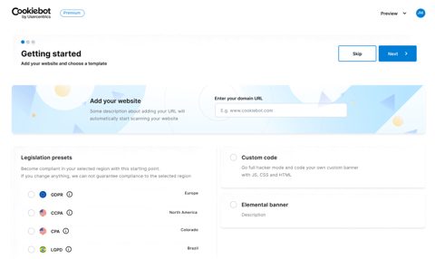 Cookiebot screenshot: Getting started with legislation presets