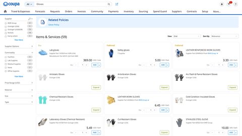 Coupa screenshot: Catalog search results for requisitions