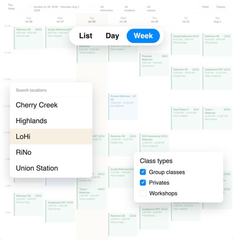 Arketa screenshot: Class schedule with location and class filters