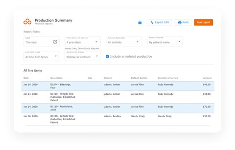 Curve Dental screenshot: Production summary report