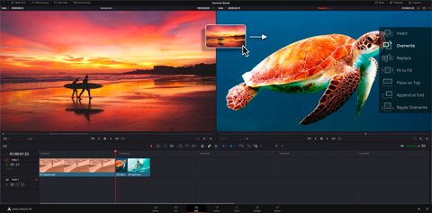 DaVinci Resolve screenshot: Edit page with insert and overwrite menu