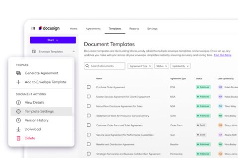 Docusign eSignature screenshot: Document templates list