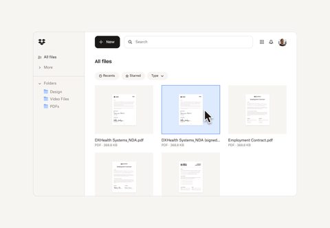Dropbox Sign screenshot: Files view with signed documents