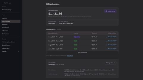 Depot screenshot: Billing and usage page