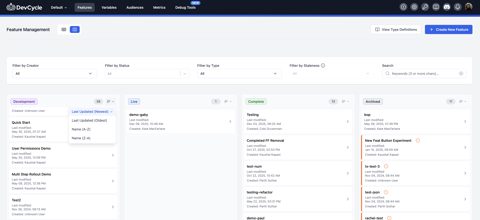DevCycle screenshot: Feature management kanban board