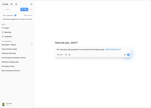Dust screenshot: Chat workspace with agents and conversations