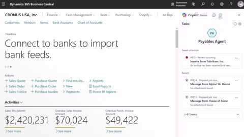 Dynamics 365 Business Central screenshot: Payables Agent task pane beside the home page