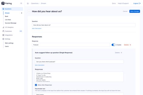 Fairing screenshot: Survey question editor