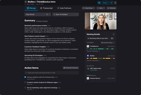 Fathom screenshot: Meeting recap with summary and action items