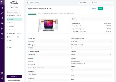 Asset Panda screenshot: Asset record with depreciation details