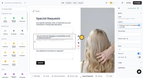 Fillout screenshot: Form editor with field settings
