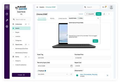 Asset Panda screenshot: Asset record with AI autofill