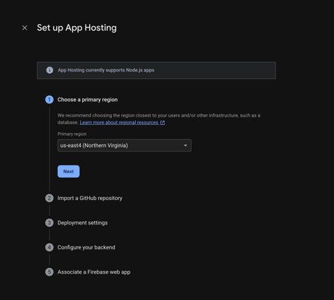 Firebase screenshot: App Hosting backend setup in the console