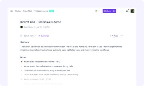 Fireflies.ai screenshot: Meeting notes page with summary and notes