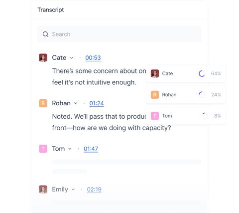 Fireflies.ai screenshot: Transcript view with speaker talk time