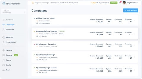 FirstPromoter screenshot: Affiliate campaigns dashboard