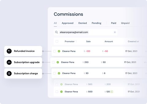 FirstPromoter screenshot: Commissions list with filters