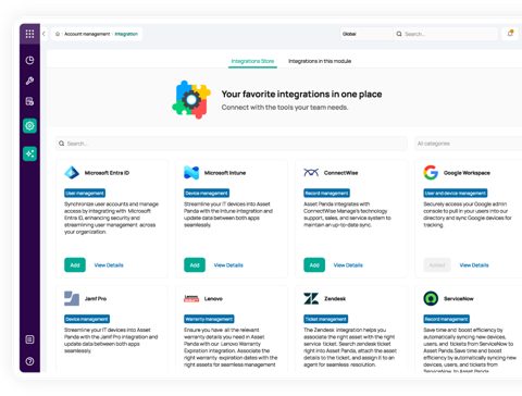 Asset Panda screenshot: Integrations store