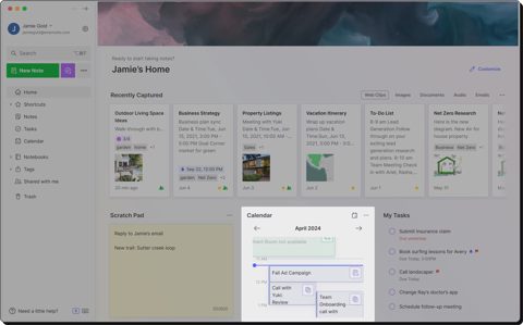 Evernote screenshot: Home dashboard with notes, calendar and tasks