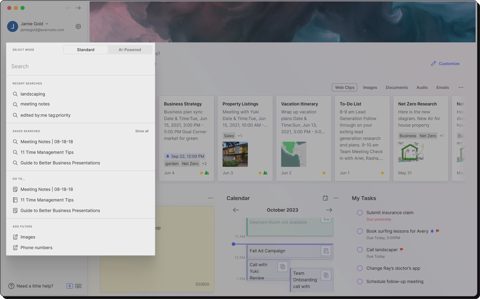 Evernote screenshot: Search with recent and saved searches