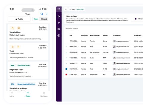 Asset Panda screenshot: Mobile audits beside web audit table