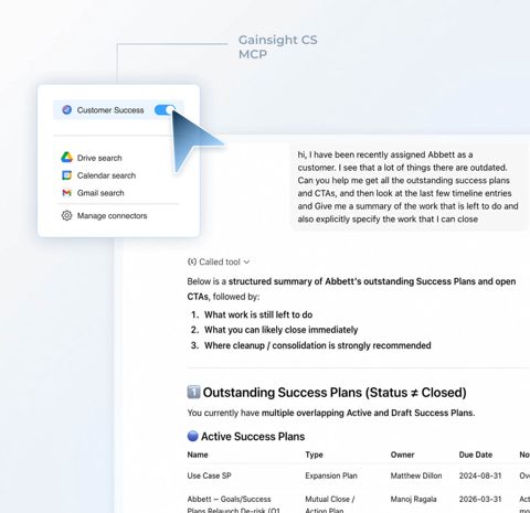 Gainsight screenshot: Assistant summarizing outstanding success plans
