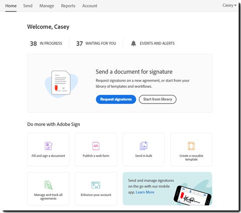 Adobe Acrobat Sign screenshot: Acrobat Sign home with request signatures