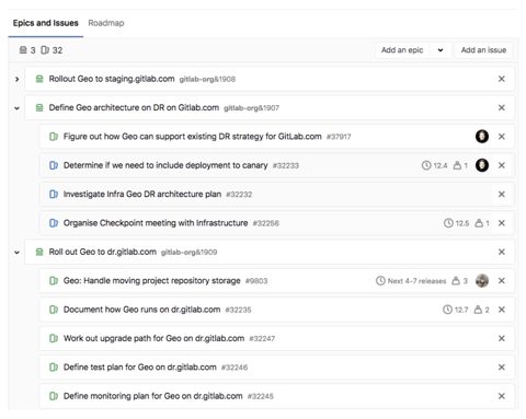 GitLab screenshot: Epics and issues planning list