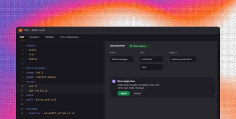 GitLab screenshot: Pipeline editor with live preview