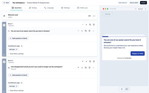 Formbricks screenshot: Survey editor with live preview