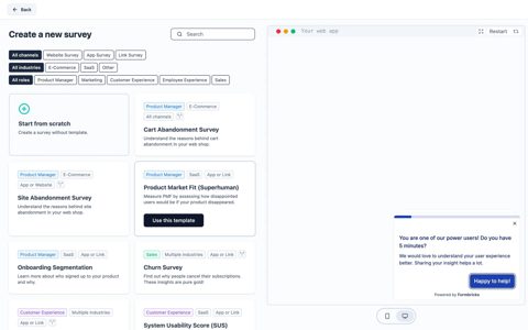 Formbricks screenshot: Survey template picker