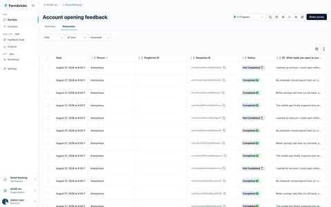 Formbricks screenshot: Responses table