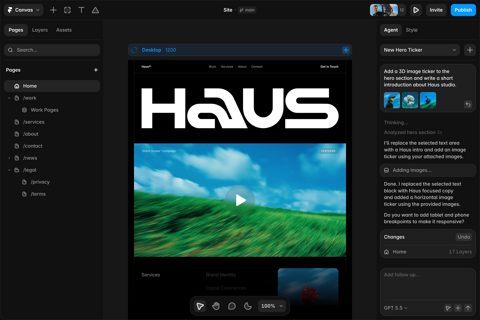 Framer screenshot: Visual site editor with AI panel