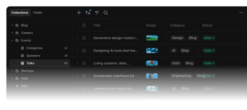 Framer screenshot: CMS collections table