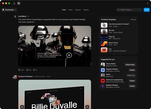 Framer screenshot: Community template gallery