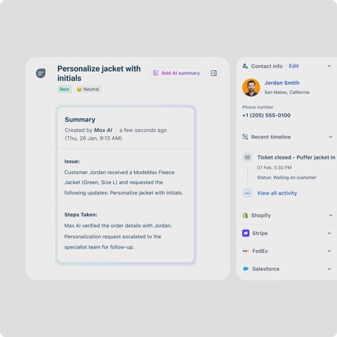 Freshdesk screenshot: Ticket summary with contact sidebar