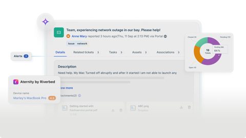 Freshservice screenshot: Ticket detail with linked records
