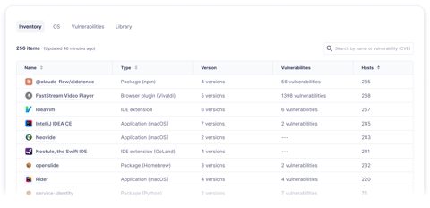 Fleet screenshot: Software inventory table