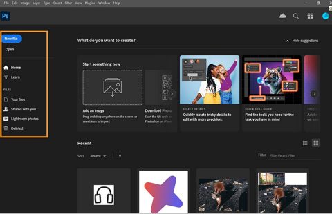 Adobe Photoshop screenshot: Photoshop Home screen