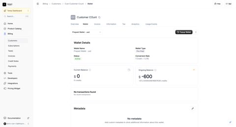 Flexprice screenshot: Customer wallet details