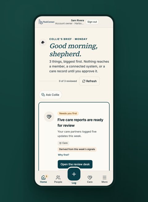 FlockConnect screenshot: Mobile home screen
