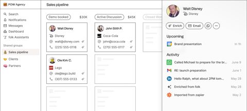 folk screenshot: Sales pipeline with contact panel